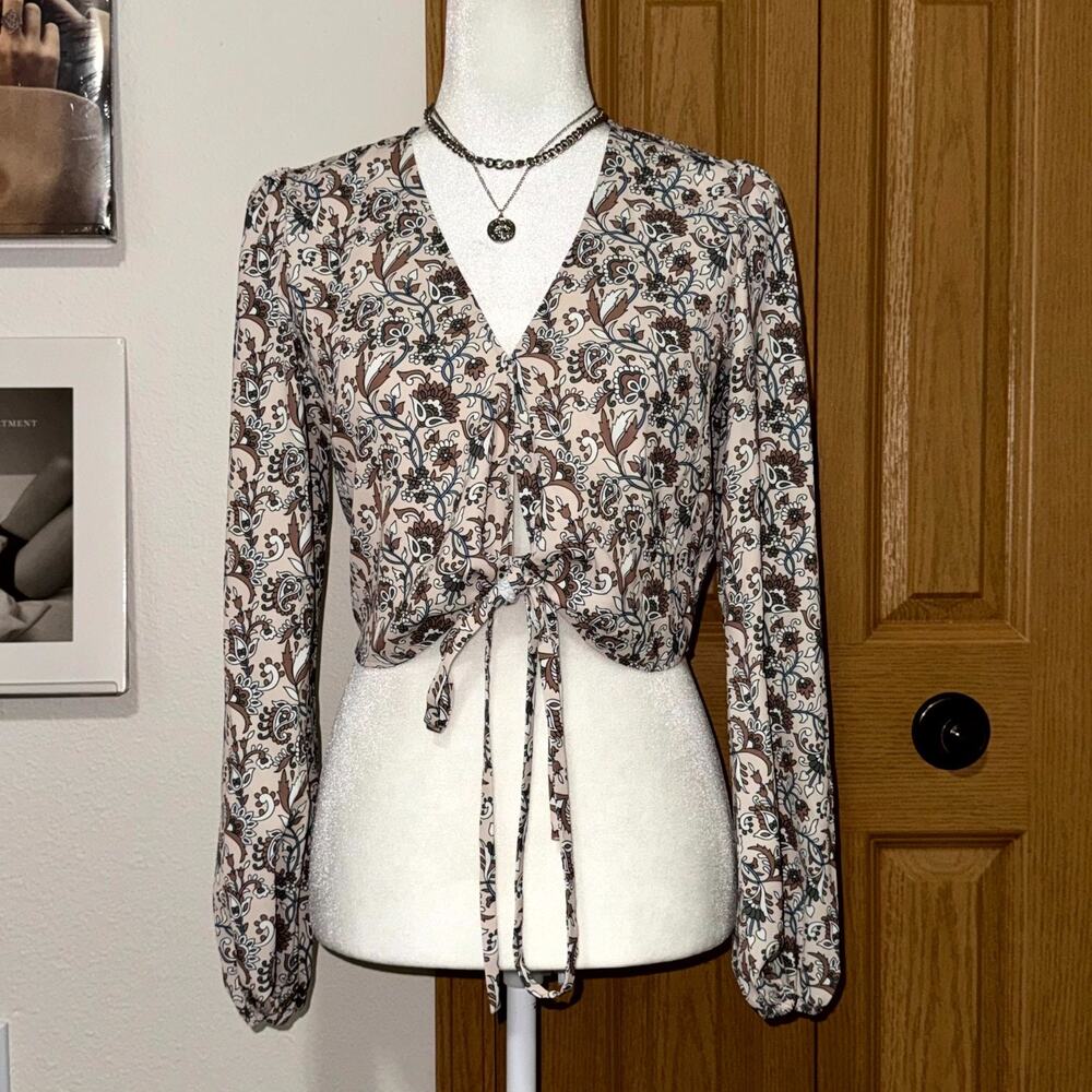 Kathleen Post The Drop Crop Top Womens XS Multi Floral Elastic Cuff Tie Front